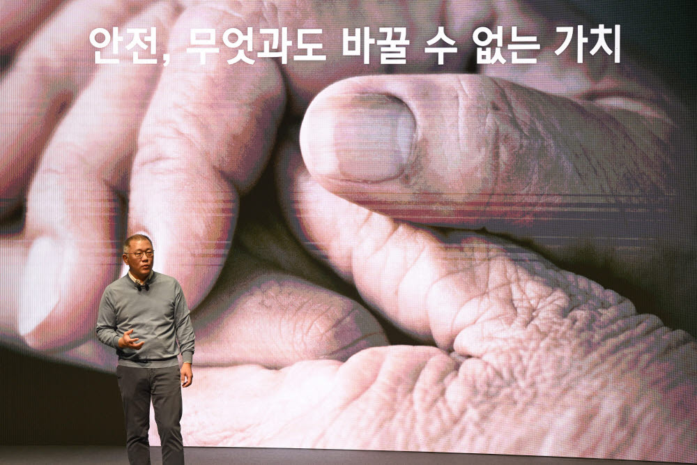 현대자동차그룹 2023년 신년회 행사가 3일 경기 화성시 현대·기아차 남양연구소에서 열렸다. 정의선 현대차그룹 회장이 신년사와 함께 새해 경영 전략 및 방향성에 대해 발표하고 있다.