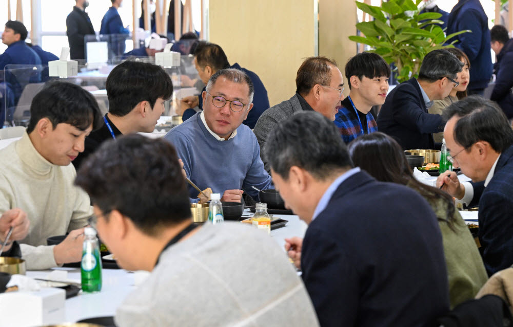 신년회가 끝난 뒤 정의선 현대차그룹 회장이 사내식당에서 직원들과 점심을 함께 하며 대화를 나누고 있다.