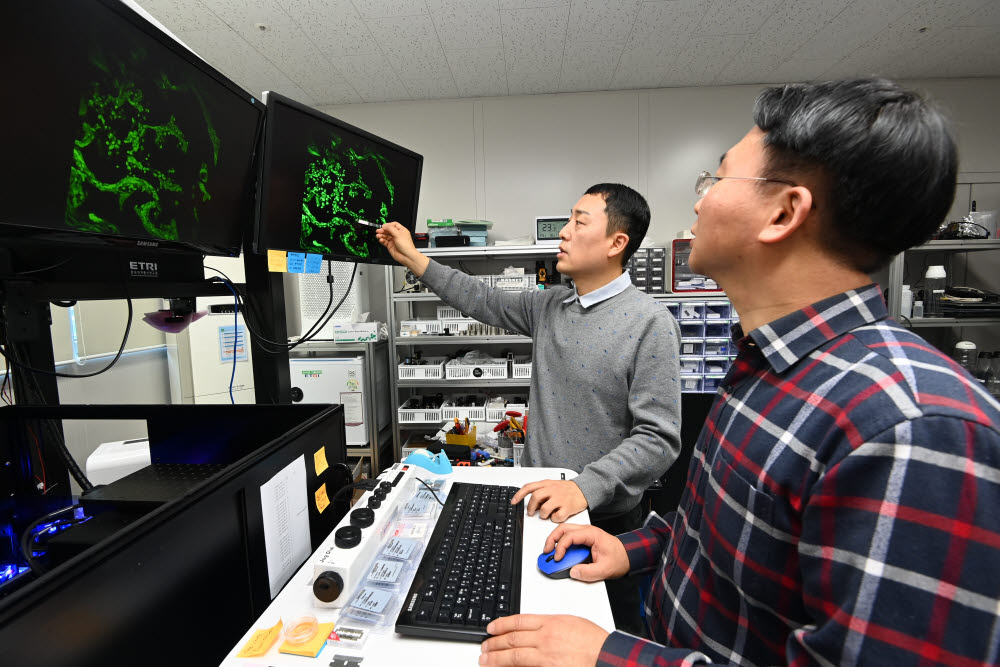 ETRI 연구진이 CARS 현미경으로 관측한 세포조직 병변 여부를 분석하고 있다.