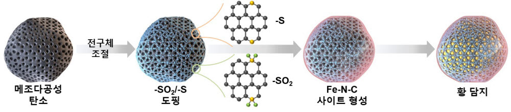 철 단일 원자 기반 기능성 소재를 포함하는 리튬-황 전지 양극 합성 모식도