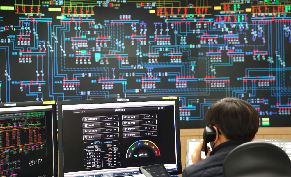 서울 체감온도가 영하 25도까지 떨어진 가운데 전력 당국이 전력수요 상승에 대비한 비상 대응 태세에 들어갔다. 25일 경기 수원시 한국전력공사 경기본부 전력관리처 계통운영센터에서 관계자들이 전력 수급 상황을 점검하고 있다. 김민수기자 mskim@etnews.com