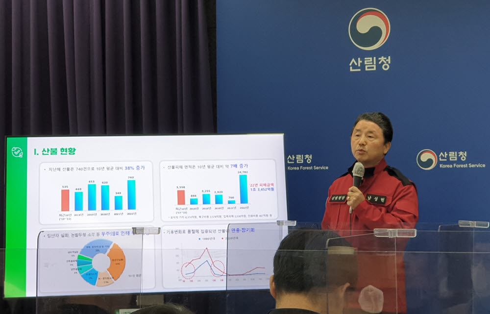 31일 남성현 산림청장이 정부대전청사에서 열린 브리핑을 통해 2023년도 전국 산불방지 종합대책을 발표하고 있다.