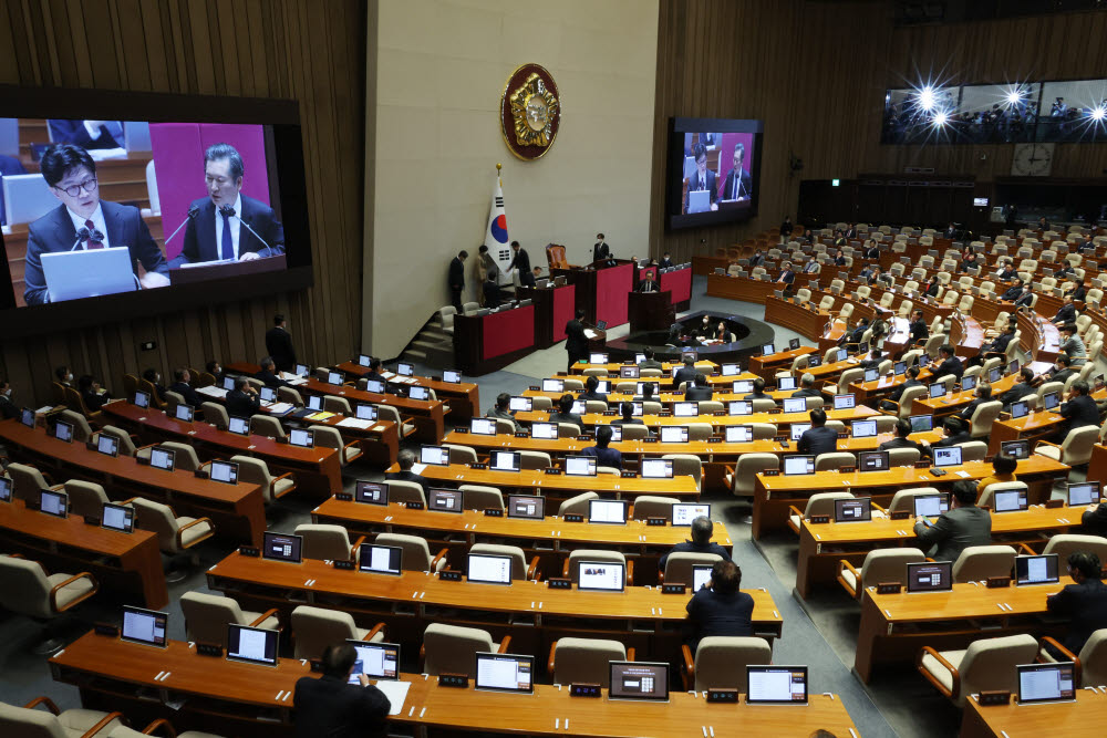 국민의힘 정청래 의원이 6일 오후 열린 국회 정치·외교·통일·안보 분야 대정부질문에서 한동훈 법무부 장관에게 질문하고 있다. 연합뉴스