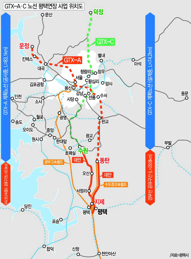 GTX-A·C 노선 평택연장 사업 위치도