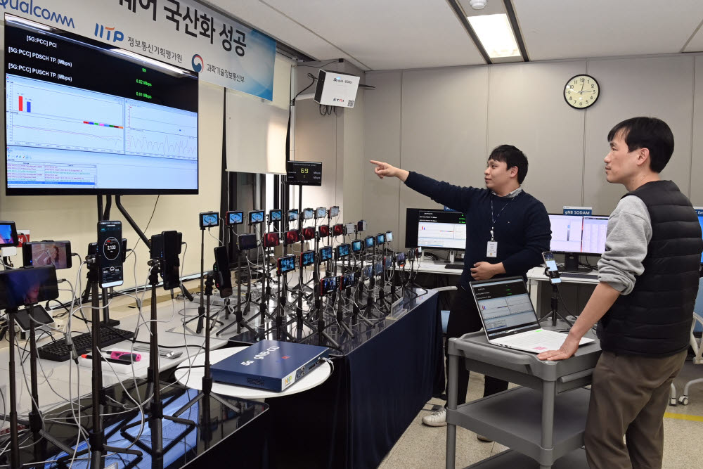 ETRI 연구진이 개발한 5G 스몰셀 기술을 상용 플랫폼에 적용해 5G SA 접속, 이동성을 시연하고 있는 모습