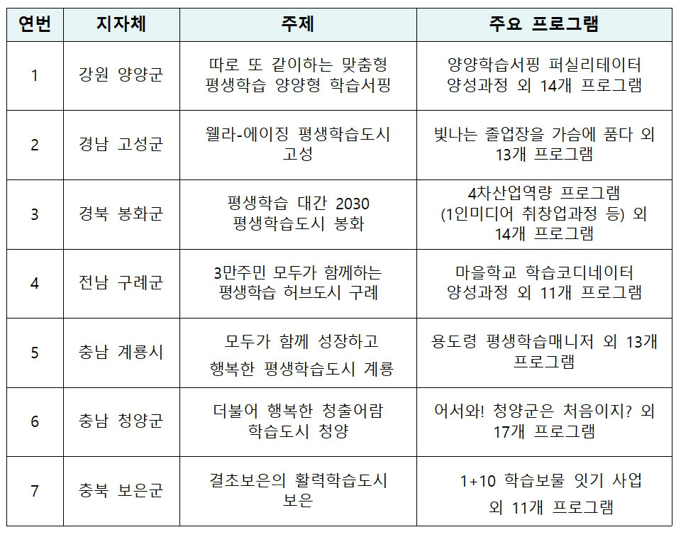 2023년 신규 평생학습도시 주요 사업 내용 (자료:교육부)