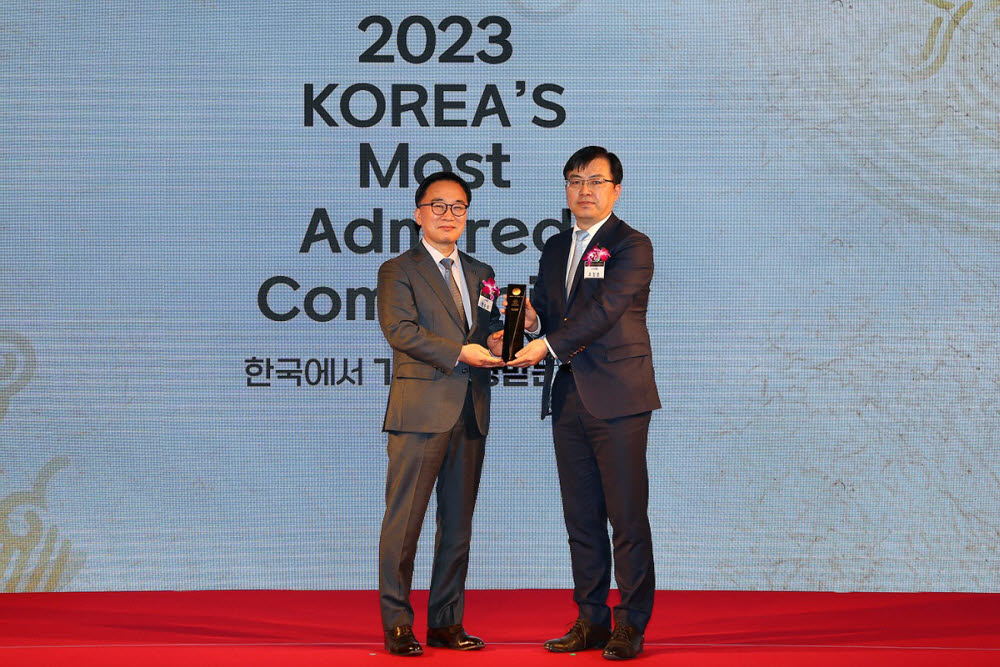 2023 한국에서 가장 존경 받는 기업 인증식에서 은행부문 1위 수상 후 조정훈 신한은행 ESG본부장(오른쪽)과 한수희 한국능률협회컨설팅 대표가 기념 촬영했다.