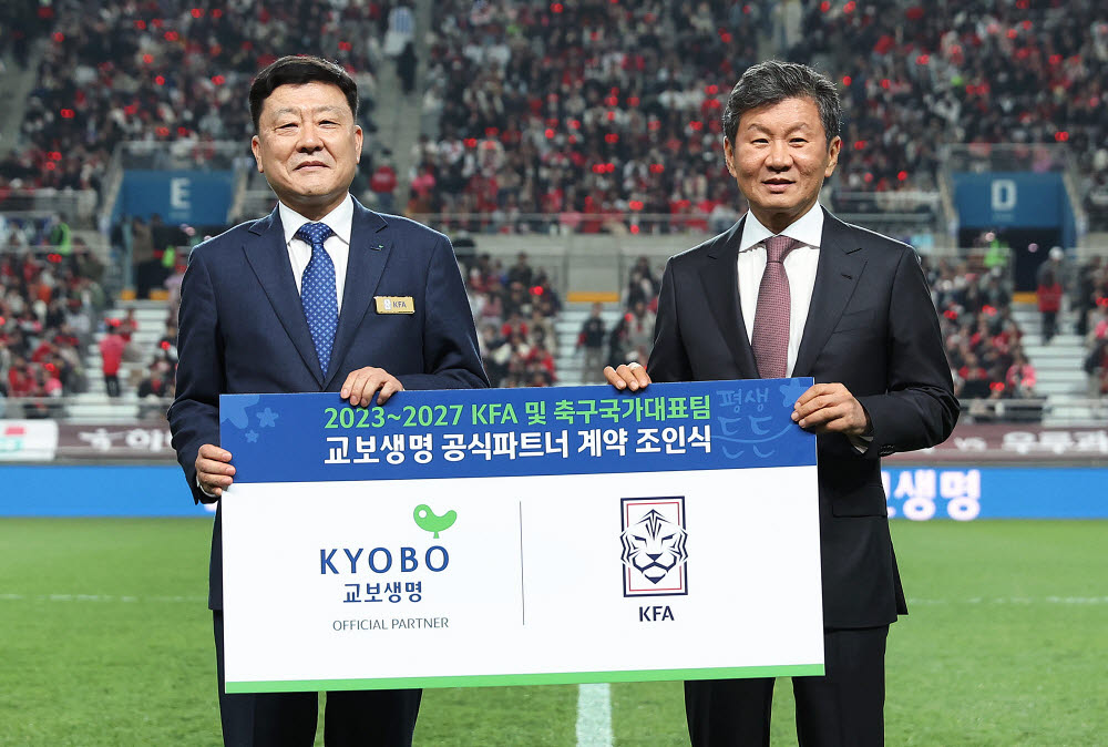 편정범 교보생명 대표이사 사장(왼쪽)과 정몽규 대한축구협회장.