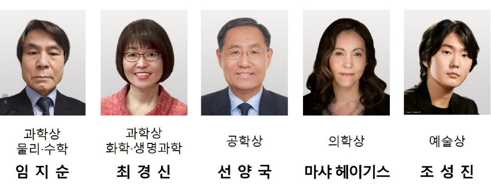 2023 삼성호암상 수상자. 왼쪽부터 임지순 포스텍 석학교수, 최경신 위스콘신대 교수, 선양국 한양대 석좌교수, 마샤 헤이기스 하버드의대 교수, 조성진 피아니스트