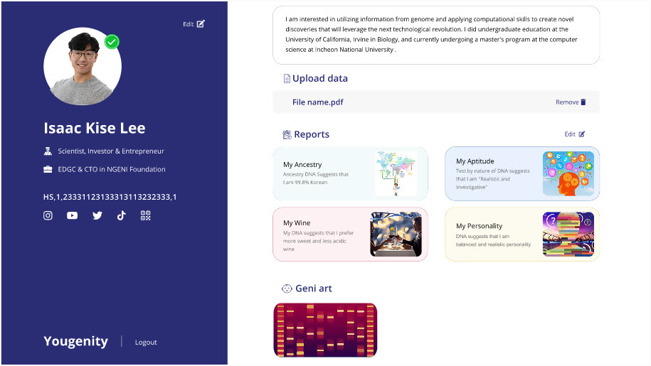 이원다이애그노믹스(EDGC)는 유전자 정보 기반의 인공지능 분산형 게놈 SNS서비스인 유젠이티(Yougenity)