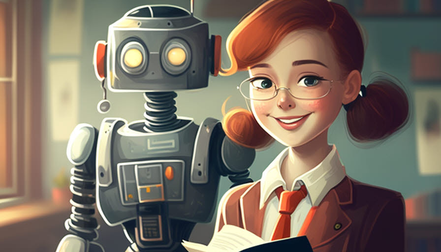 미드저니(midjourney) 프롬프트 /imagine prompt: a smiling student with friendly looking Artificial Intelligence robot, happy, illustration