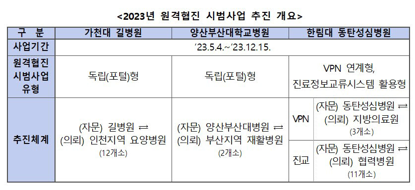 2023년 원격협진 시범사업 개요 (자료=보건복지부)